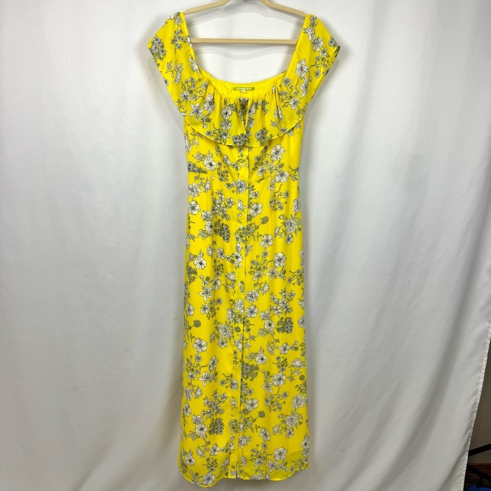 Gianni Bini Maxi Dress Womens Sz S Button Down Off Shoulder Yellow Floral Spring